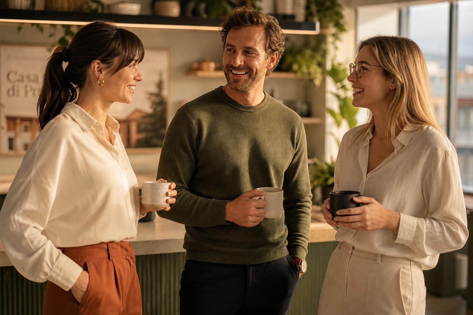 Collaborateurs souriants partageant un café