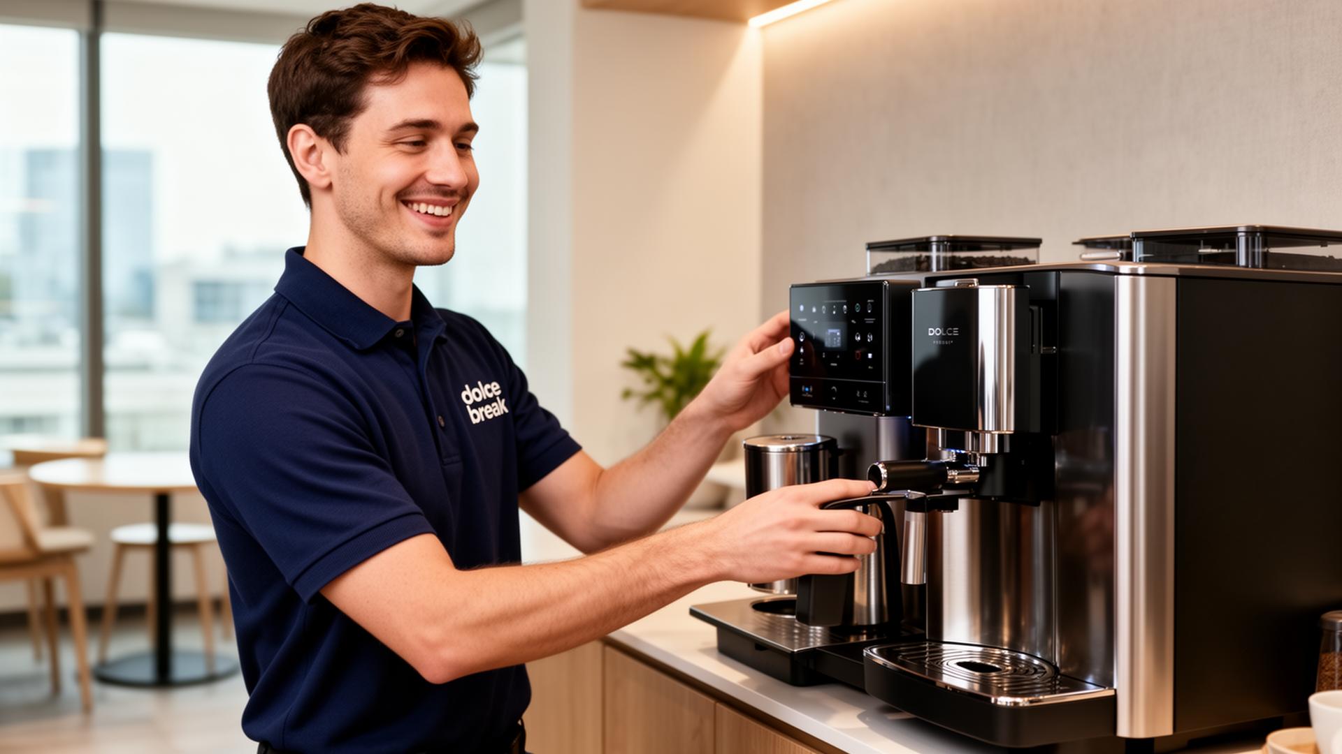 Technicien Dolce Break en intervention sur une machine à café en entreprise